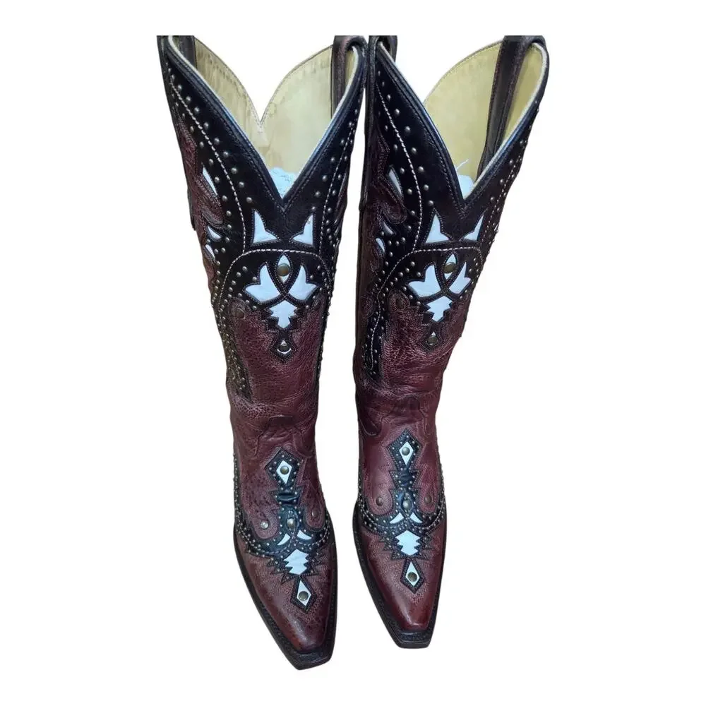 Corral Women's Cordovan Studded Overlay Cowgirl Boot Snip Toe, Sz 6.5 (fits a 7)